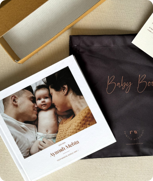 Premium hard bound beautiful Baby book with a cloth cover and packaging