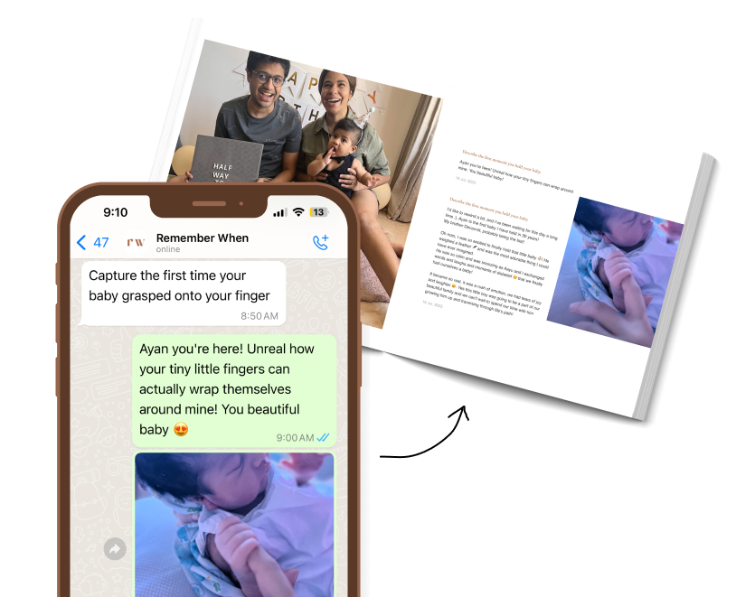 WhatsApp message on mobile screen of a baby memory. Memory converts into a printed book